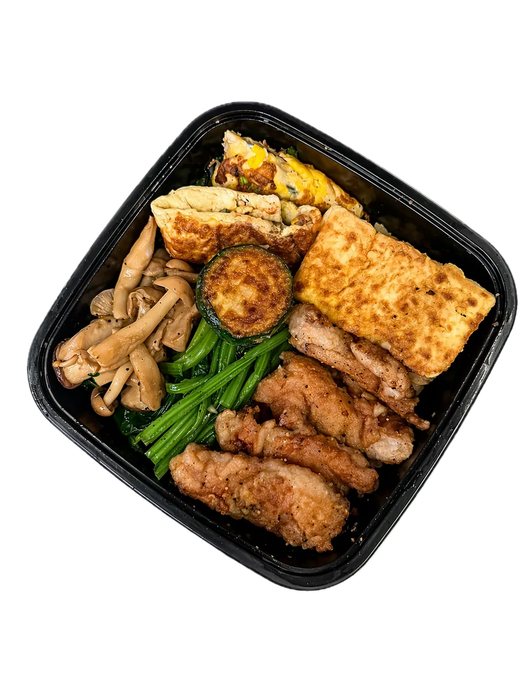 A takeout box with griddle-seared chicken, egg, mushrooms, spinach and zucchini